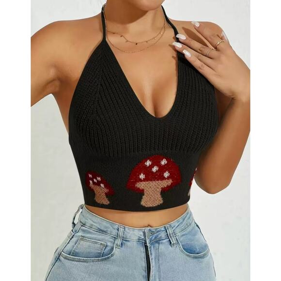 Romwe Black Mushroom Hippie Festival Intarsia Knit Cropped Halter Top SZ S - Picture 2 of 12